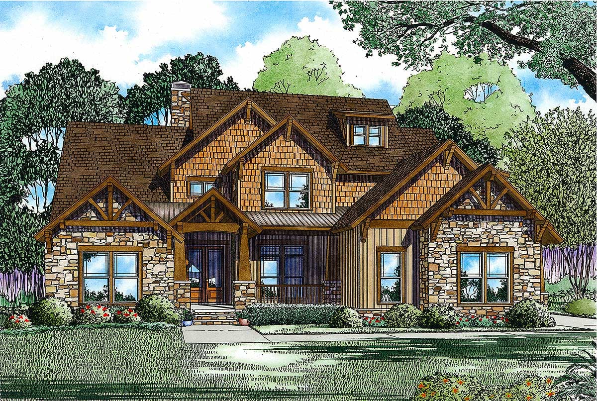 House plan exterior: Two-story home with stone and shake siding, multiple gables, exposed rafters, and covered entry porch.