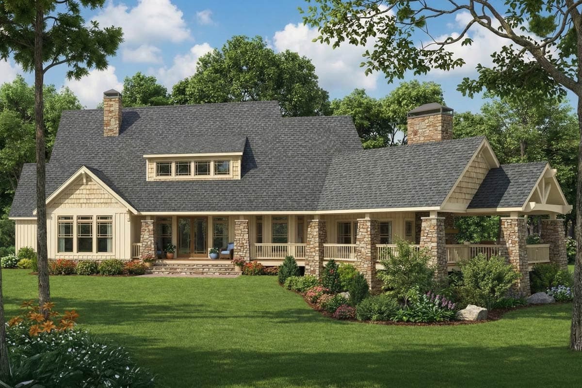 Craftsman style house plan exterior with stone accents, covered porch, dormer window, and prominent gables.