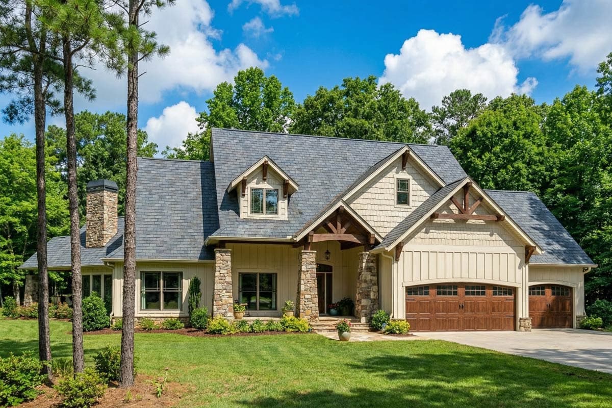 A beautiful, spacious house with a gray roof and stone accents stands under a bright blue sky. Green grass, trees, and landscaping surround it.