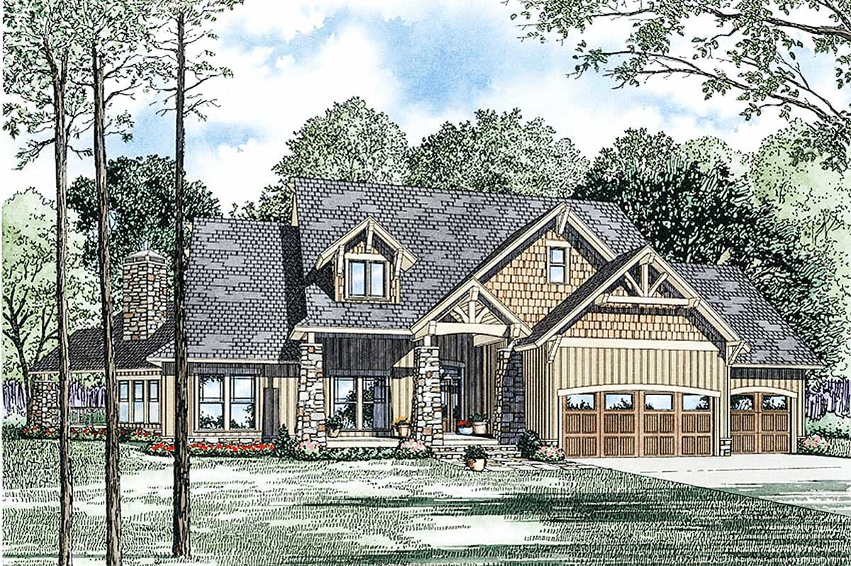 House plan exterior: Craftsman style, 1.5 stories, stone chimney, gables, dormer, front porch, and triple garage.