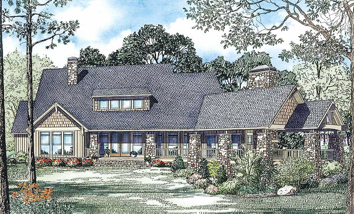 Craftsman house plan exterior: one story, stone pillars, multiple gables, and prominent stone chimney.