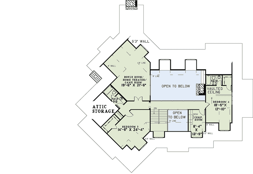 Plan 60547ND: Country Classic With Angled 3-Car Garage - 4501 Sq Ft - Floor Plan - 2nd Floor - Craftsman, Mountain, Northwest