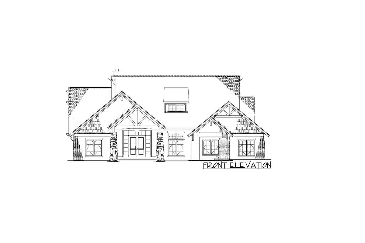 Front elevation drawing of a house plan with stone accents, gabled rooflines, dormer, and covered entry.