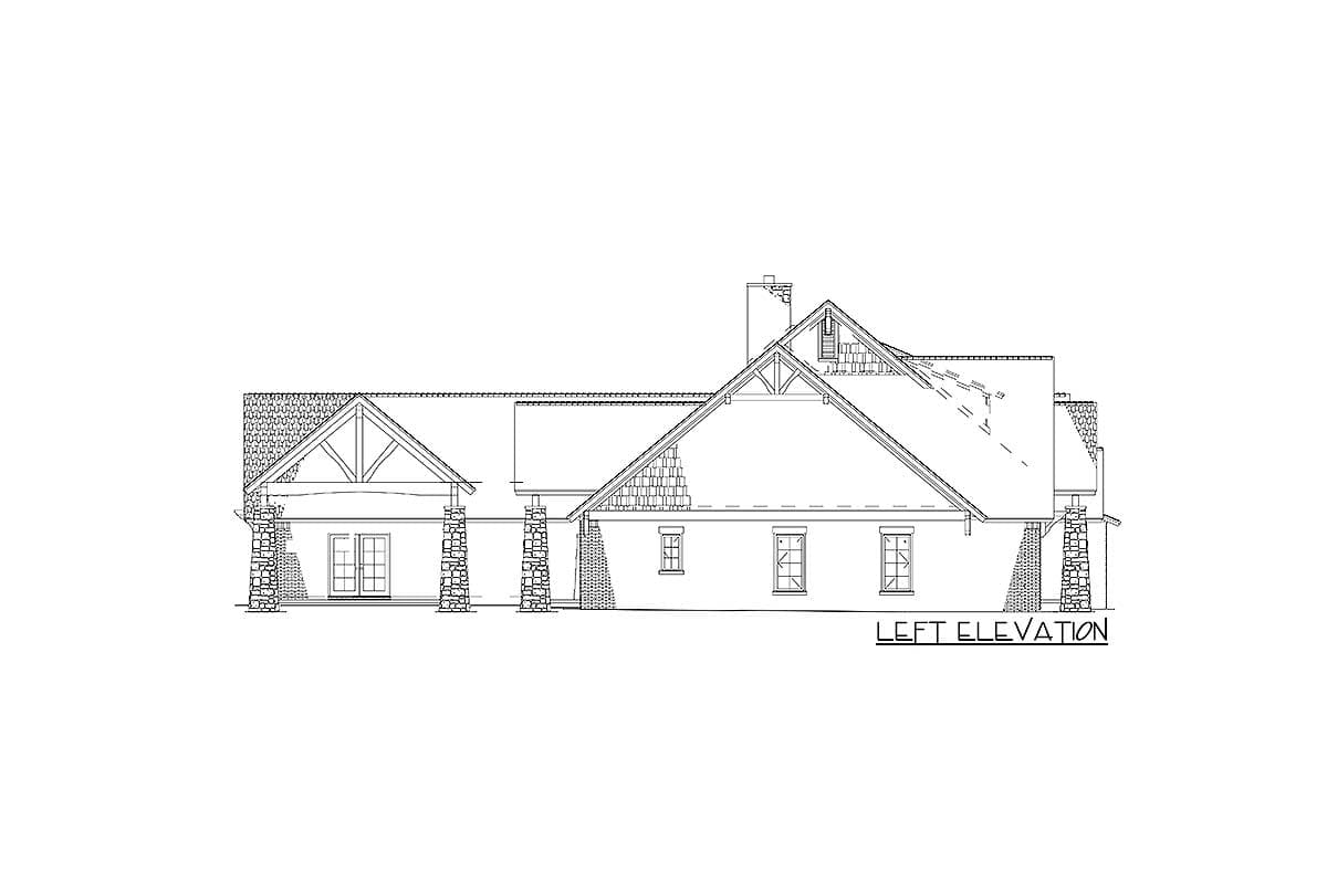 Left elevation drawing of a one-story house plan featuring stone pillars, gables, and a prominent roofline.