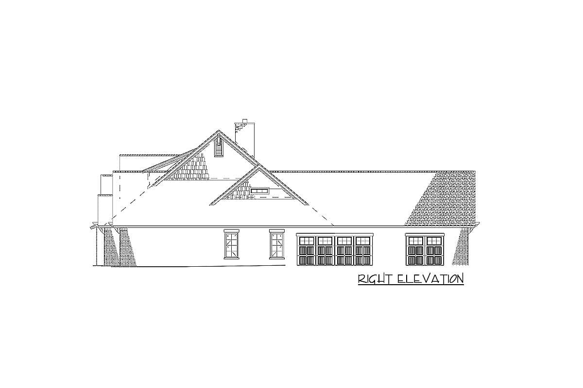 Right elevation house plan showing multiple gables, dormers, a prominent roofline, and various window styles.