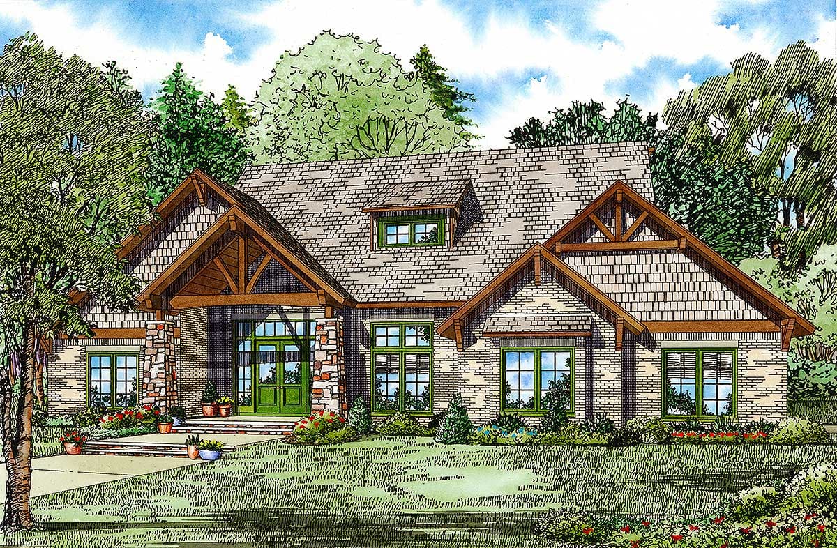 House plan exterior: single-story Modern Farmhouse with stone accents, prominent gables, covered porch with exposed beams, and dormer.