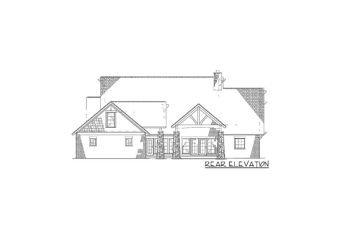 Rear elevation house plan with gabled dormer, exposed rafter tails, stone accents, and multiple windows.