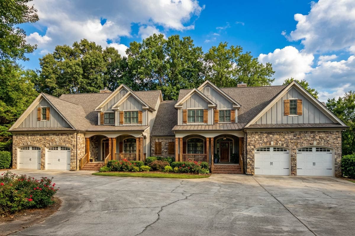 House plan exterior: Craftsman style, two stories, stone facade, multiple gables with wood accents, and a triple-bay garage.