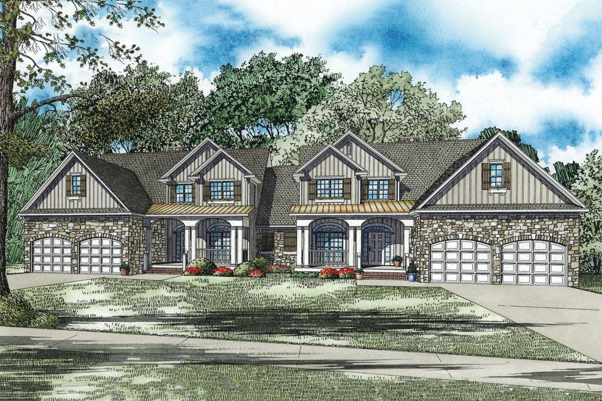 House plan exterior: Two-story Modern Farmhouse with stone base, double garages, and covered porches with arched openings.