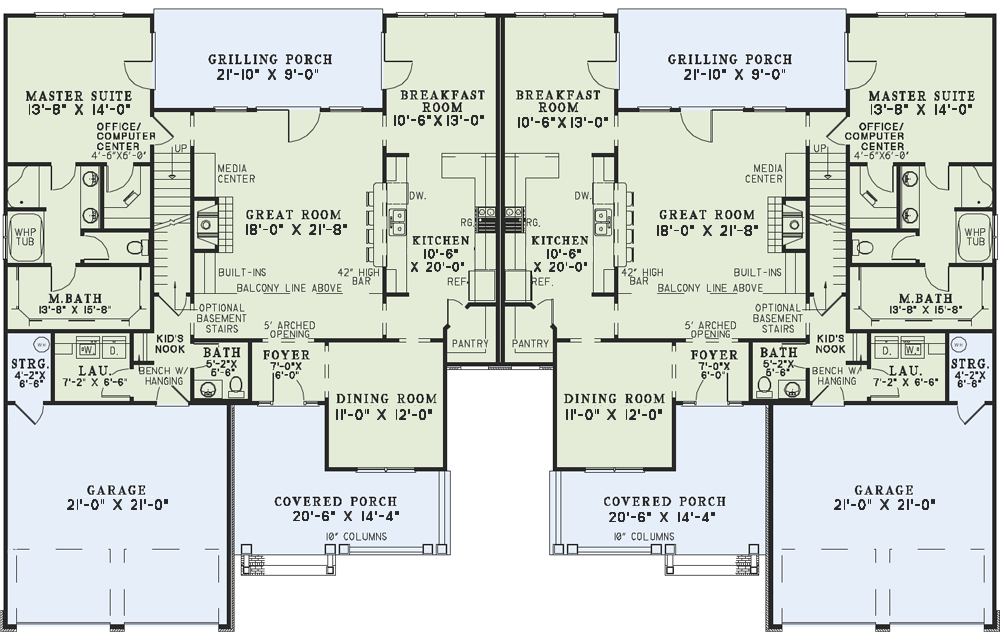 Plan 60549ND: Spacious Duplex Home Plan - Floor Plan - Main Level - Southern, Traditional