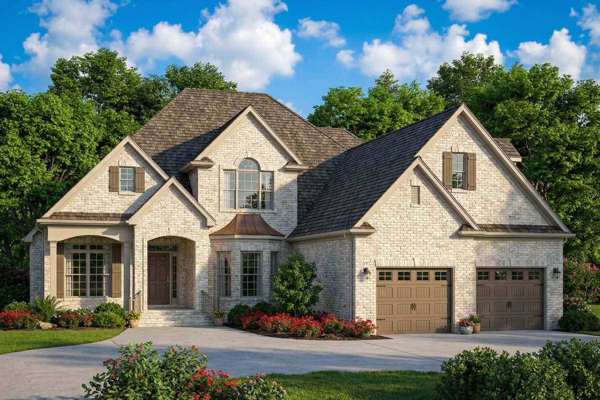 House plan exterior, two stories, brick facade, arched entry, multi-gable rooflines, and a three-car side-entry garage.