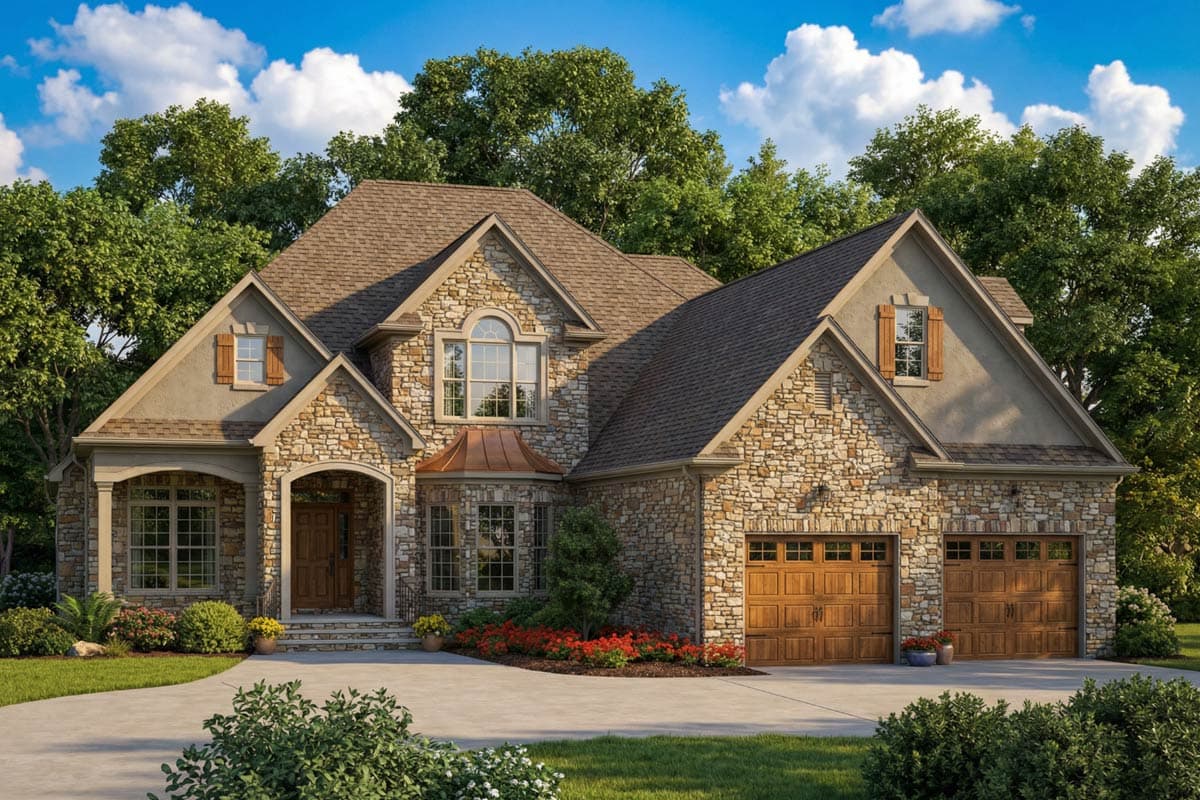 A large, two-story house with stone facade, brown roof, and wooden garage doors. Lush greenery surrounds the house under a blue sky.