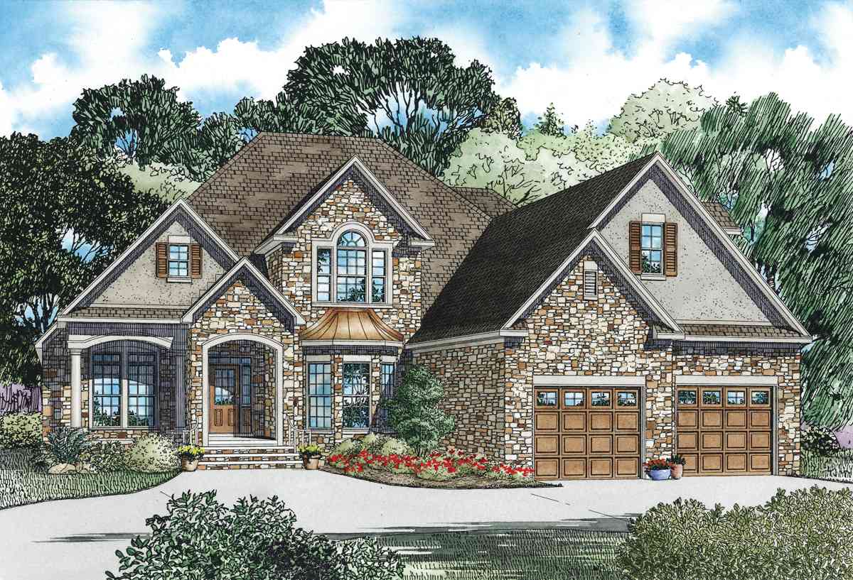 House plan exterior: Two-story stone veneer residence with arched entry porch, bay window, dormers, and attached three-car garage.