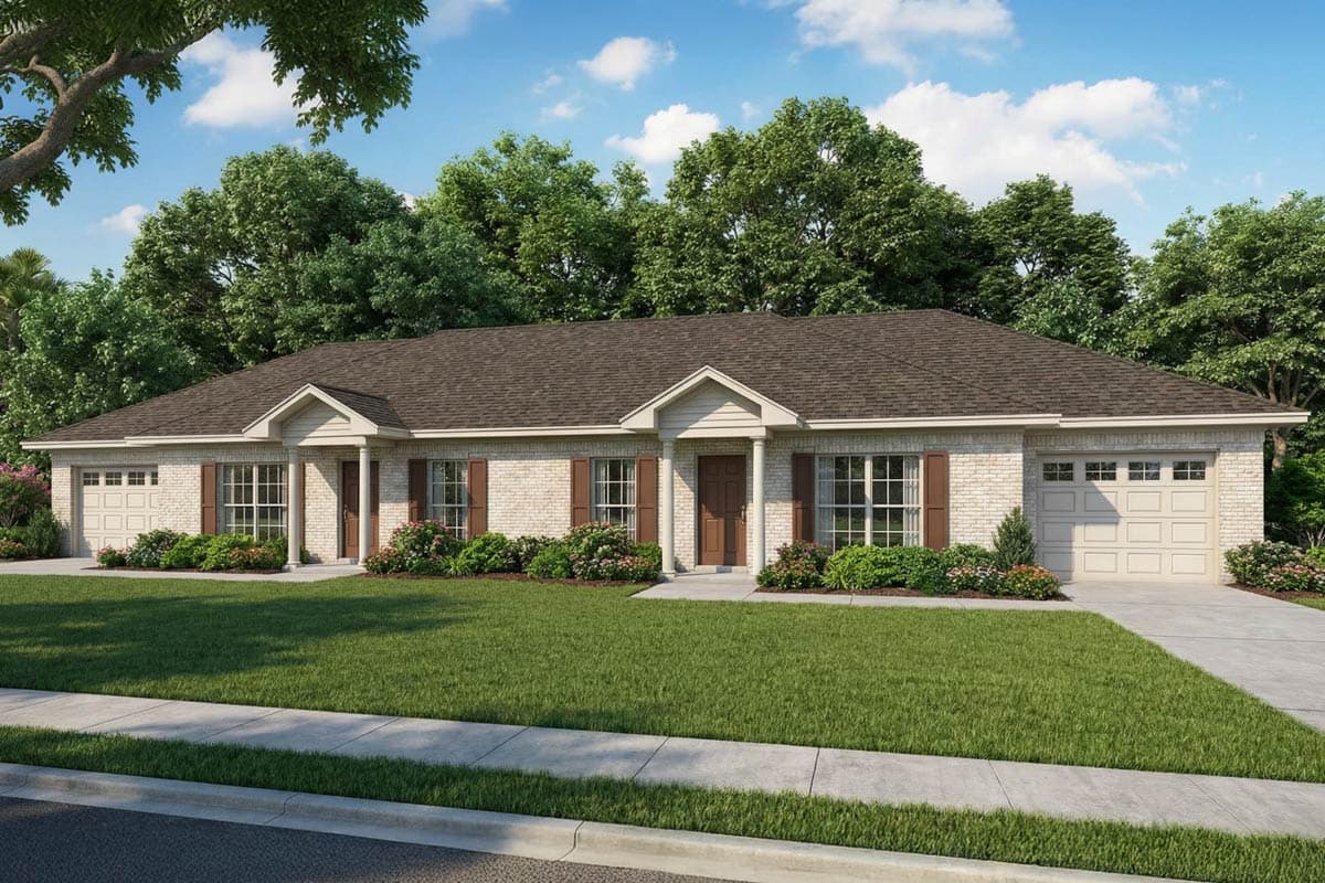 A beige brick duplex with brown shutters, doors, and roof is set against a backdrop of lush green trees and a bright blue sky.