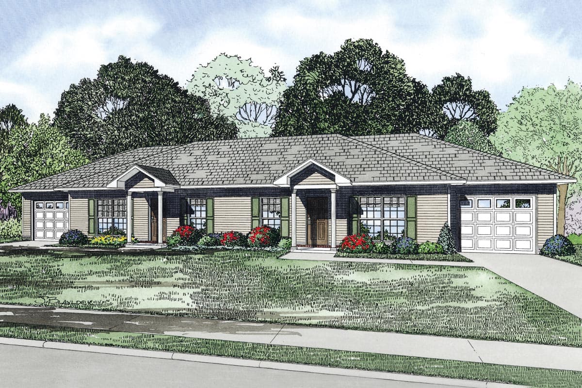 House plan exterior: Ranch-style duplex with two attached garages, gabled entry porches, and wide windows with shutters.