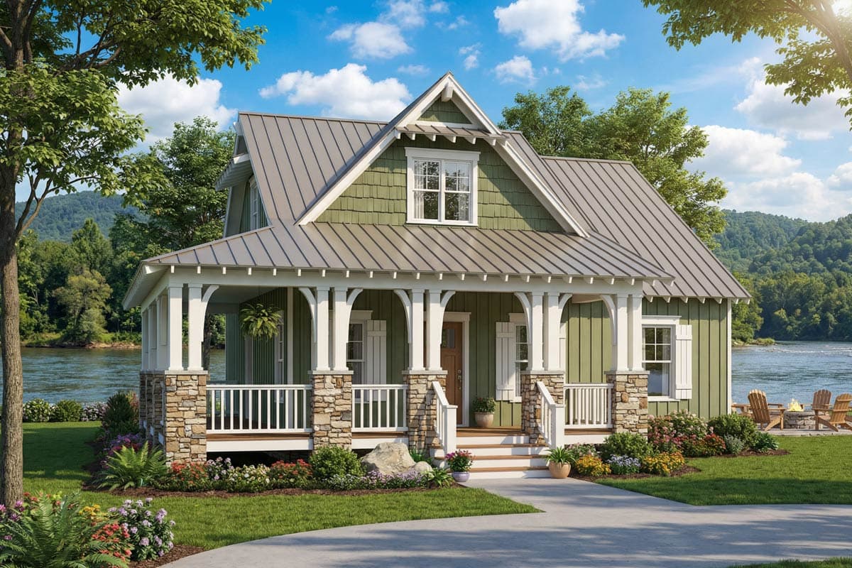 House plan exterior: Two-story cottage with wrap-around porch, stone accents, metal roof, and prominent front gable.