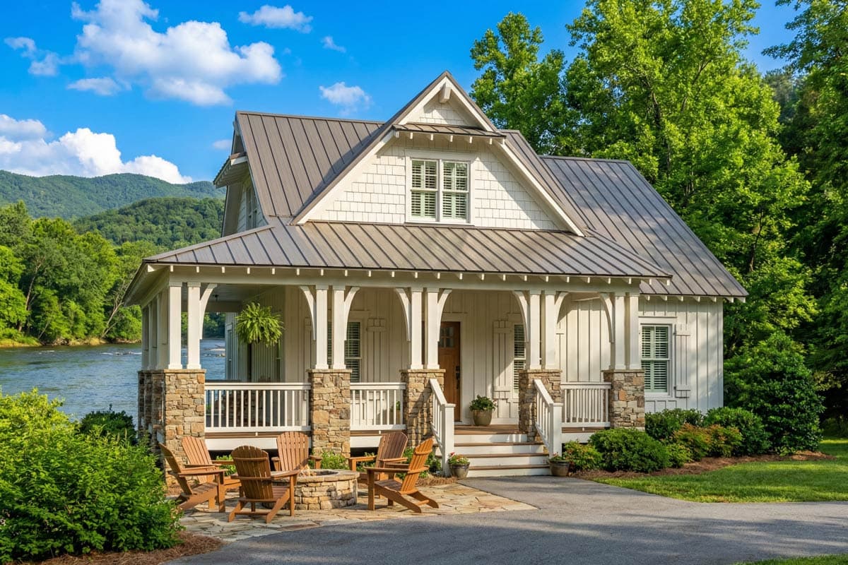 A charming white cottage with a covered porch sits beside a river, surrounded by trees and mountains. Adirondack chairs circle a stone fire pit.