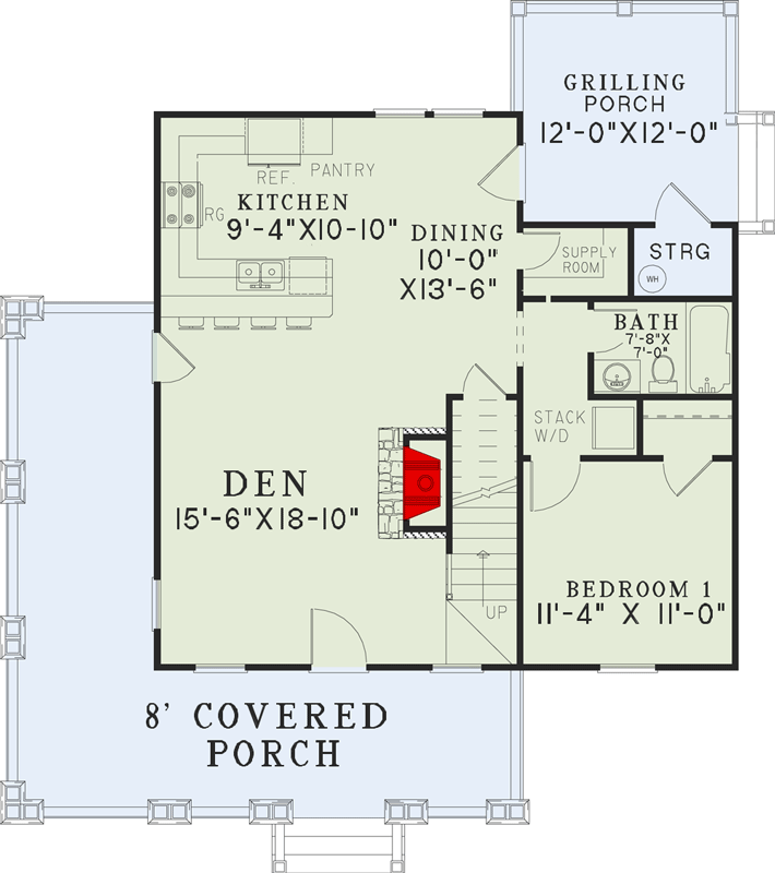 Plan 60552ND: Rustic House Plan with L-Shaped Porch - 1374 Sq Ft - Floor Plan - Main Level - Cottage, Craftsman, Mountain, Rustic, Vacation