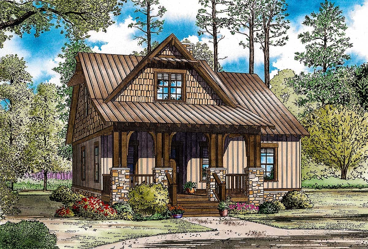House plan exterior: Craftsman style, two stories, with a covered front porch, gables, and stone foundation accents.