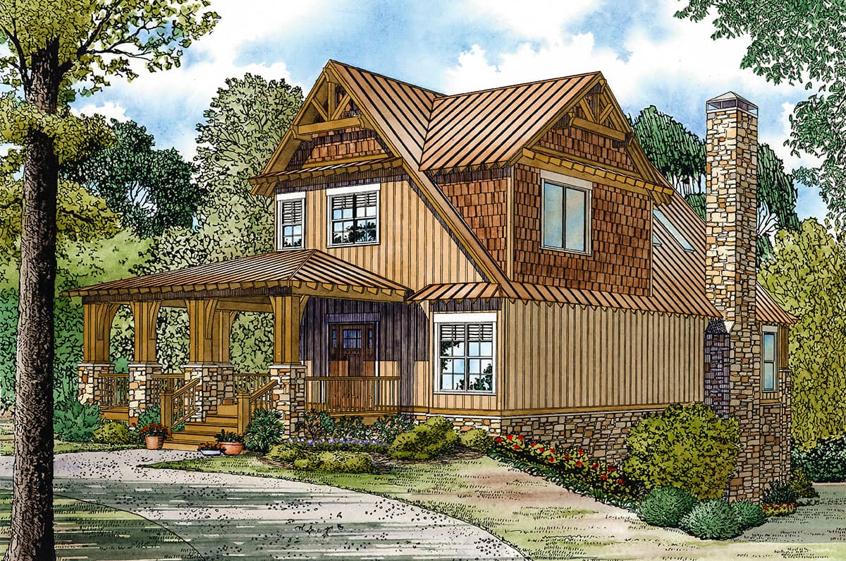 House plan exterior rendering. Two-story Craftsman home with a gabled roof, a front porch with stone pillars, and a stone chimney.