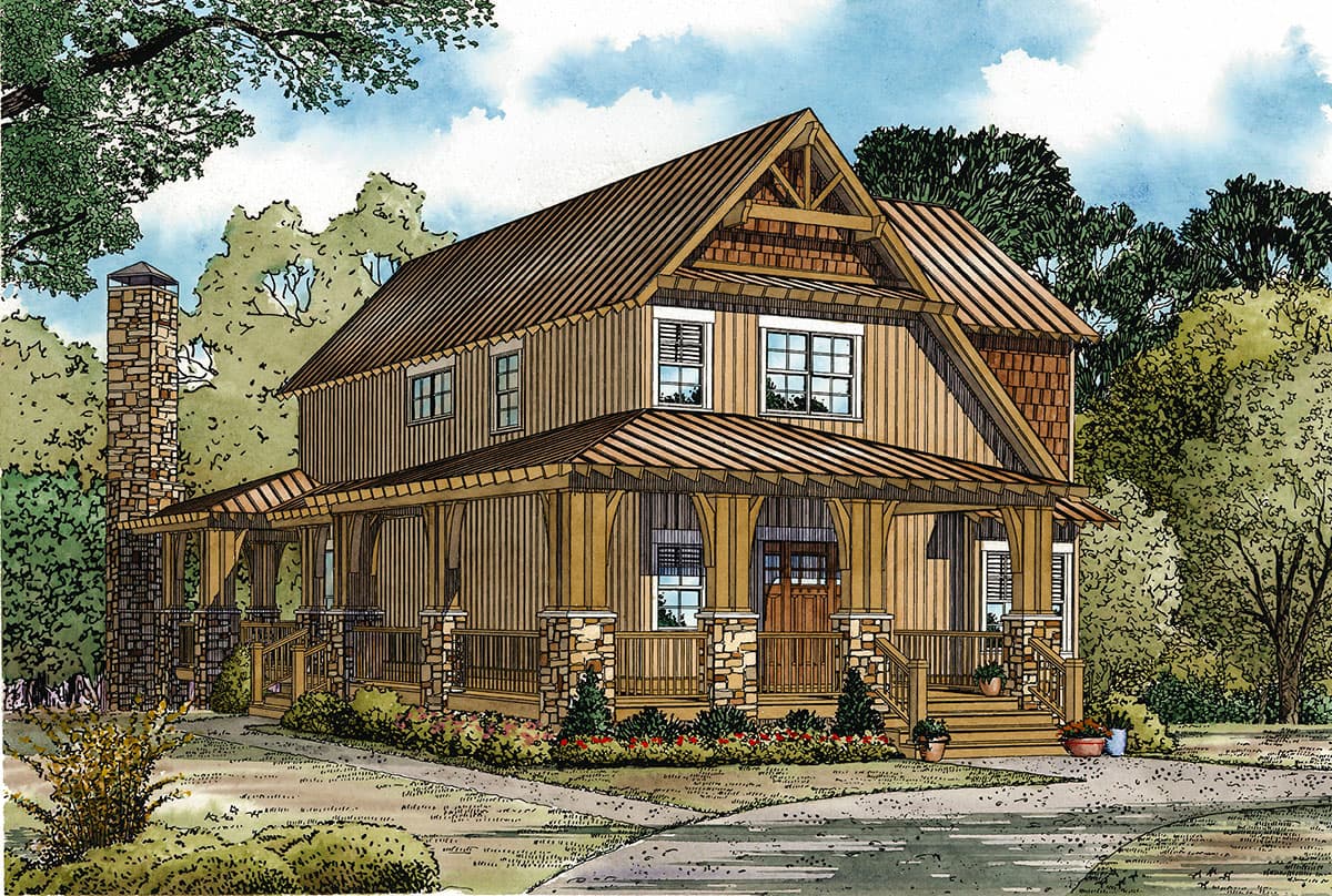 House plan exterior of two-story home with wrap-around porch, stone chimney, and prominent gables.