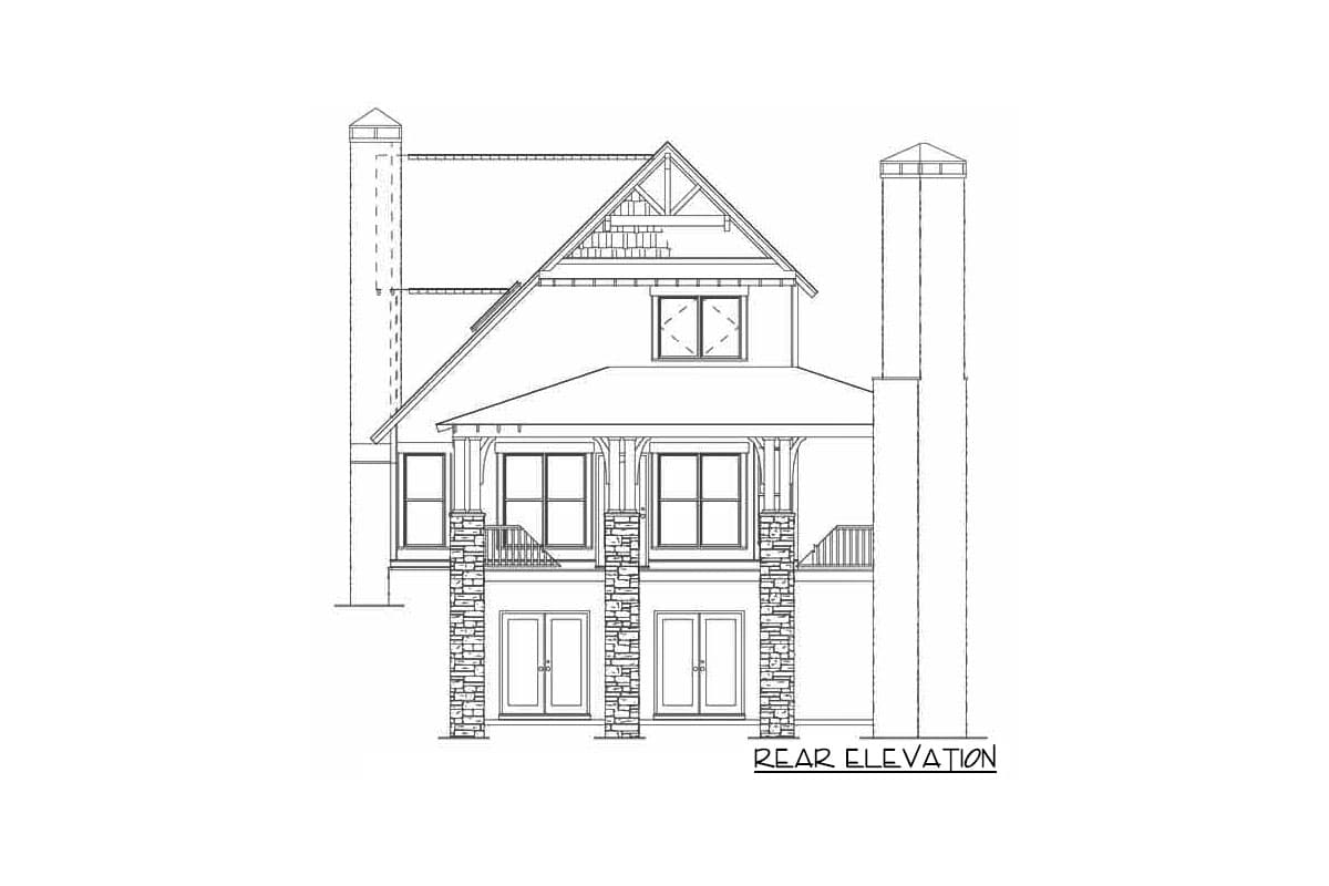Rear elevation drawing of a two-story house with gabled roof, stone-clad columns, and covered upper deck.