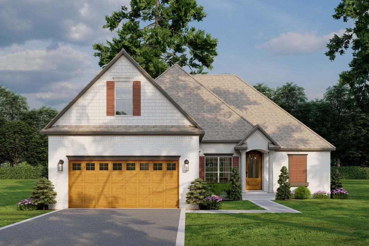House plan exterior: Modern farmhouse style, one story, white brick, gable roof, front-facing garage with wood door, and arched entry.