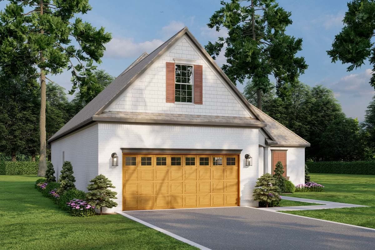House plan exterior: Modern Farmhouse style with white brick, gable dormer, and wood garage door.