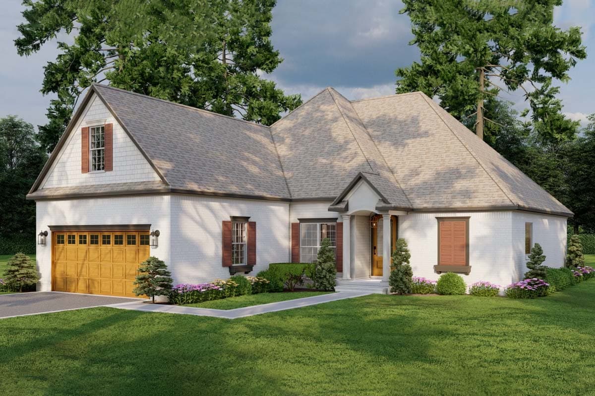 House plan exterior with Craftsman style, single story, and a gable roof. Features include shutters, a portico, and an attached garage.