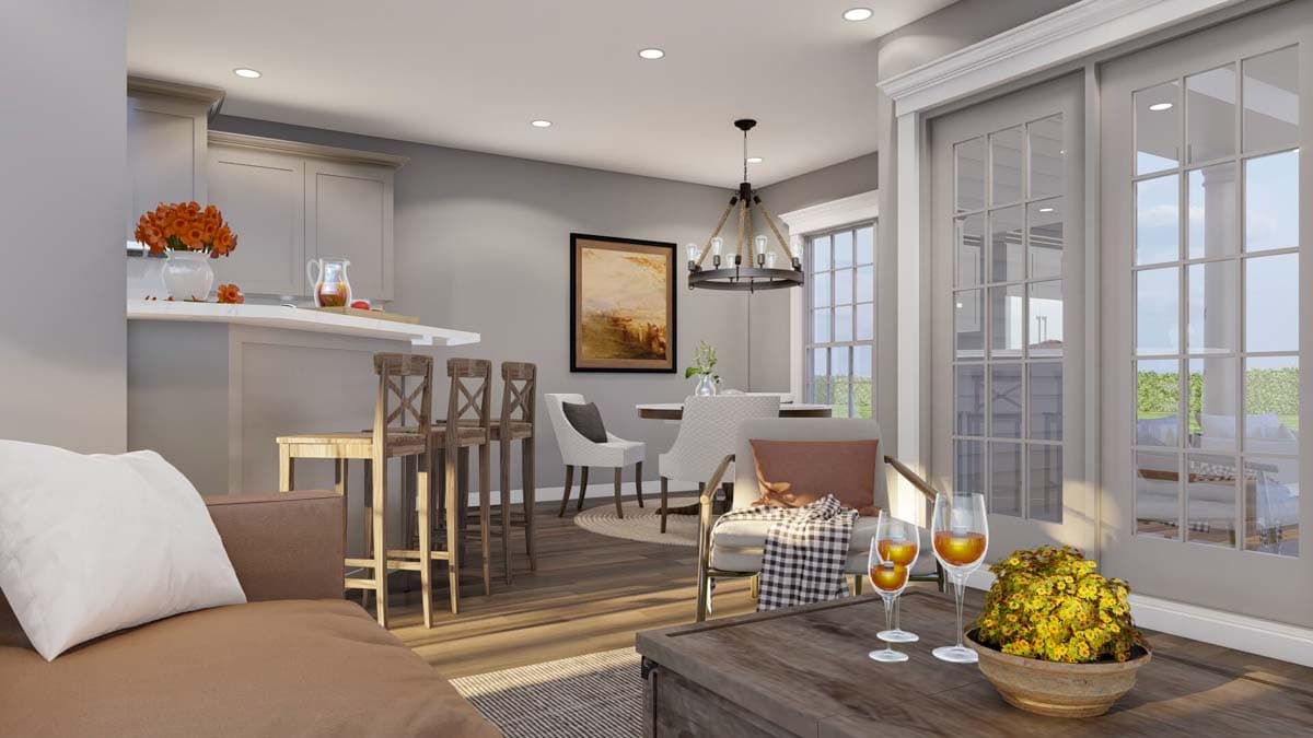 Rendering of a living area with bar seating, dining area, and French doors leading outdoors.