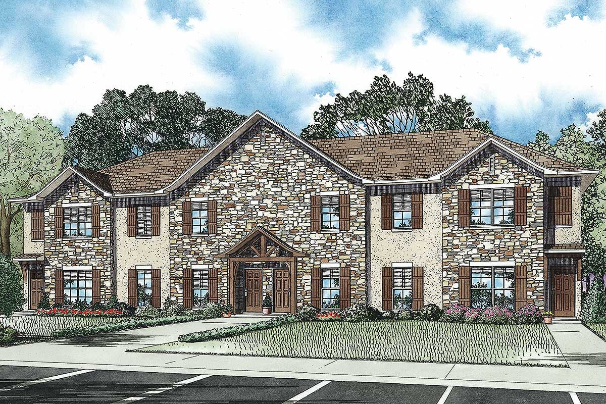 House plan exterior: two-story stone and stucco building with multiple gables, large windows, and covered entry.