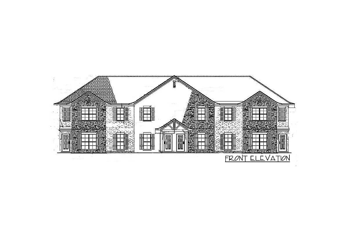 Front elevation drawing of a two-story house plan with stone accents, multiple gables, and a covered entry with double doors.