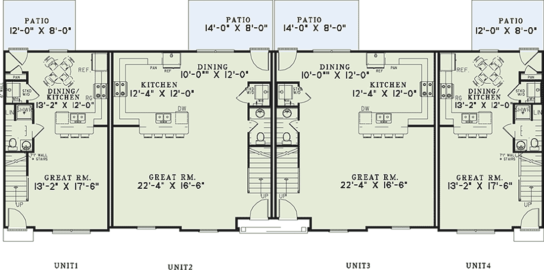 Plan 60557ND: Attractive Four Apartment Dwelling - 2 and 3 Bedroom Units - 1012 Sq Ft and 1541 Sq Ft - Floor Plan - Main Level - Traditional