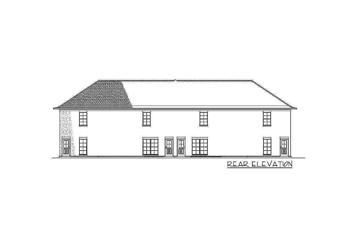 Rear elevation drawing of a two-story house with multiple windows and two entry doors.