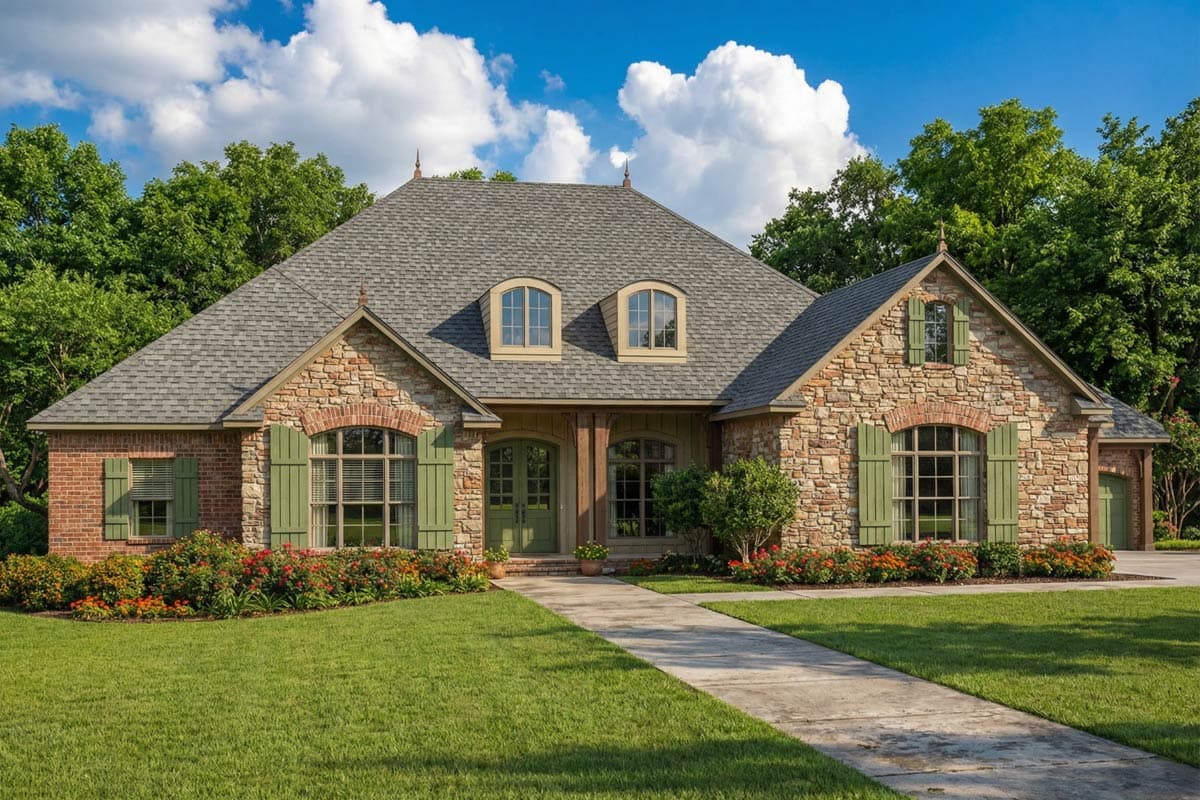 A stone-clad house with green shutters and door, set on a manicured lawn. A paved walkway leads to the entrance under a bright blue sky.