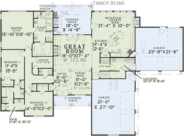 Plan 60558ND: Rustic French Country House Plan with Hearth Room with Fireplace - Floor Plan - Main Level - European, French Country, Ranch, Rustic, Southern