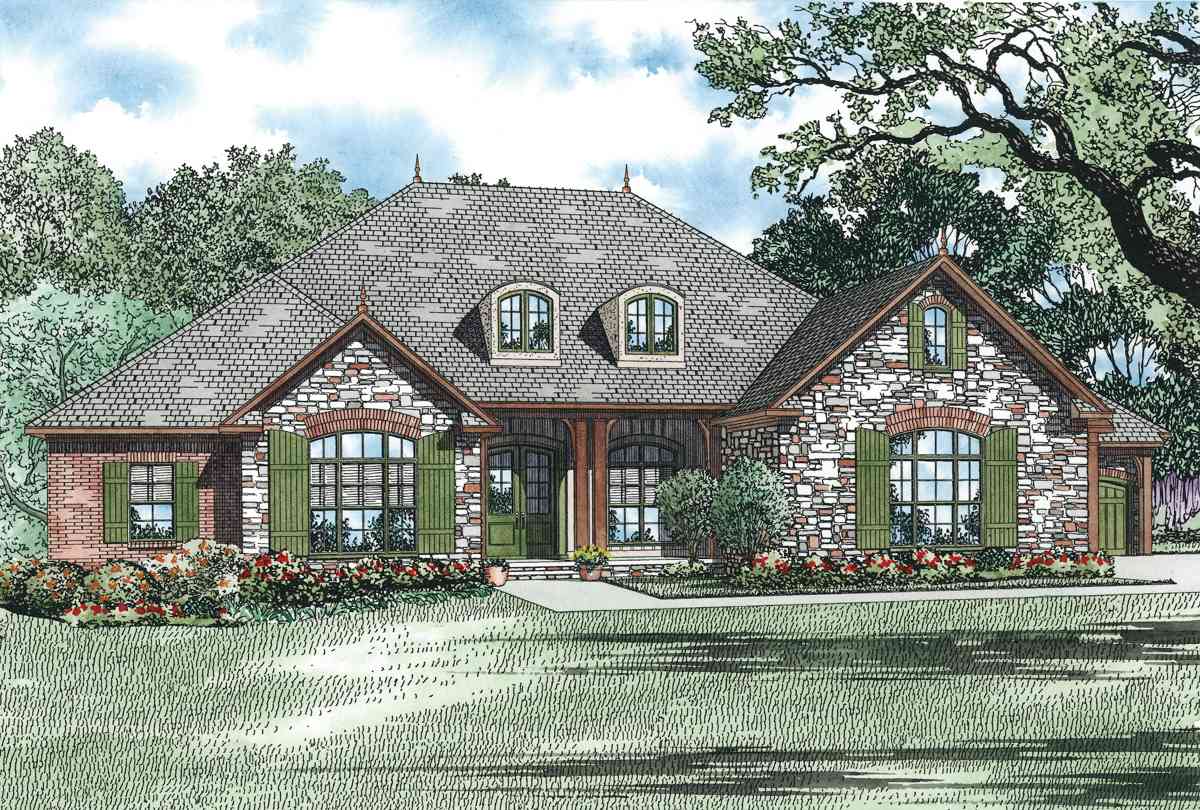 House plan exterior: Stone and brick, pitched roof, dormers, arched windows with shutters, covered entrance with columns.