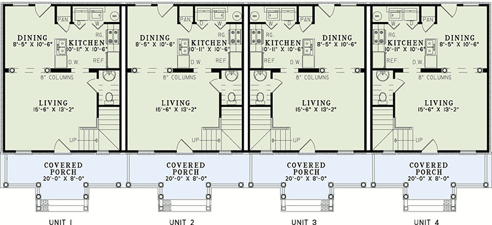Plan 60559ND: 980 Square Foot 2-Story 4 Unit Multi-Family Home Plan - Floor Plan - Main Level