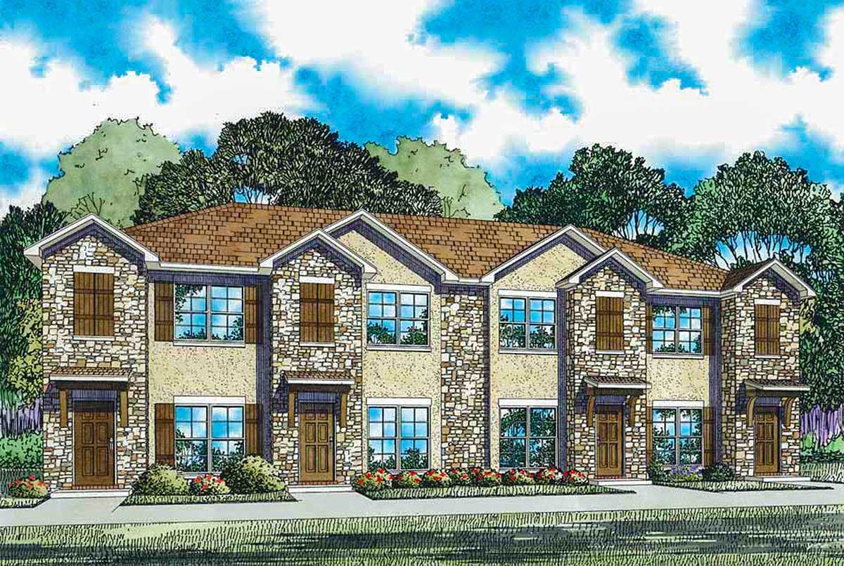 House plan exterior for a two-story townhouse with stone accents, multiple gables, and covered entries.