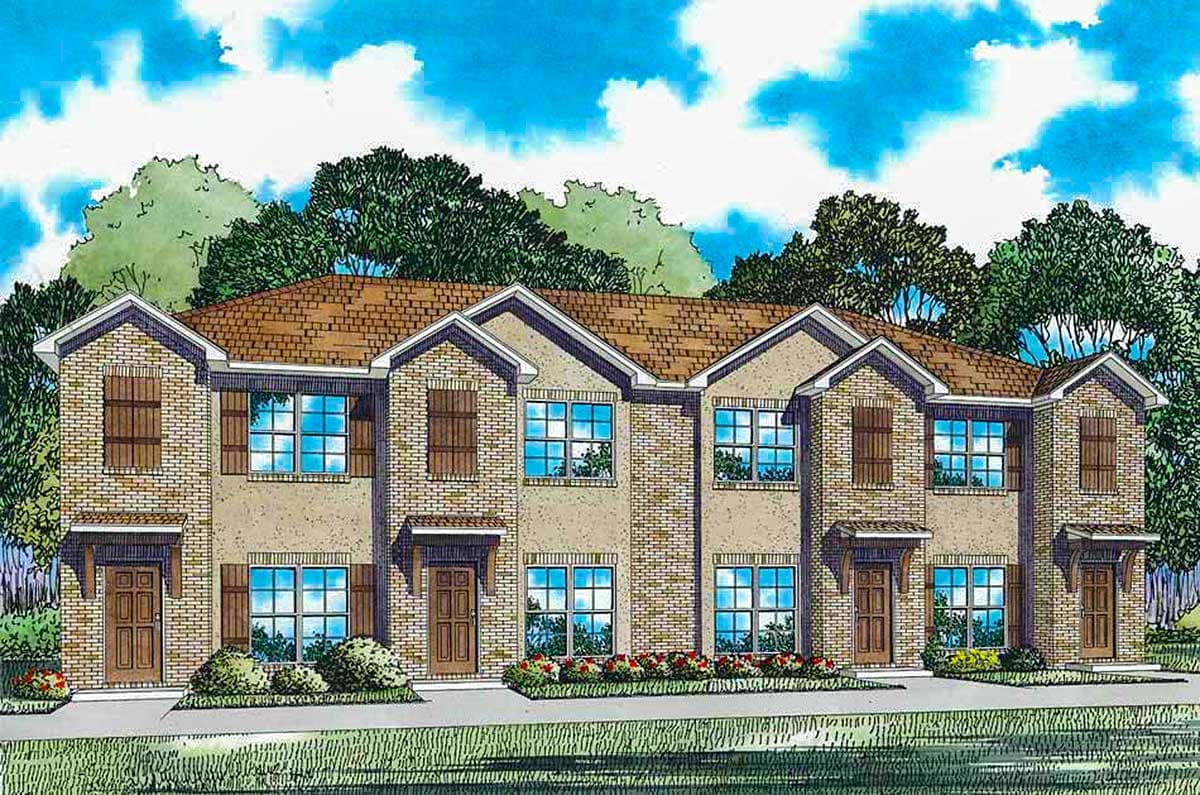House plan exterior for a two-story, multi-unit dwelling with brick and stucco facade, prominent gables, and covered entryways.