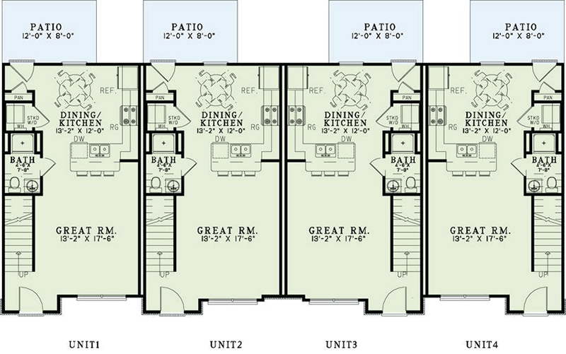 Plan 60560ND: Attractive 4-Plex House Plan with Matching 1053 Sq Ft 2 Bed 2 Bath Units - Floor Plan - Main Level - European, Traditional, Tuscan