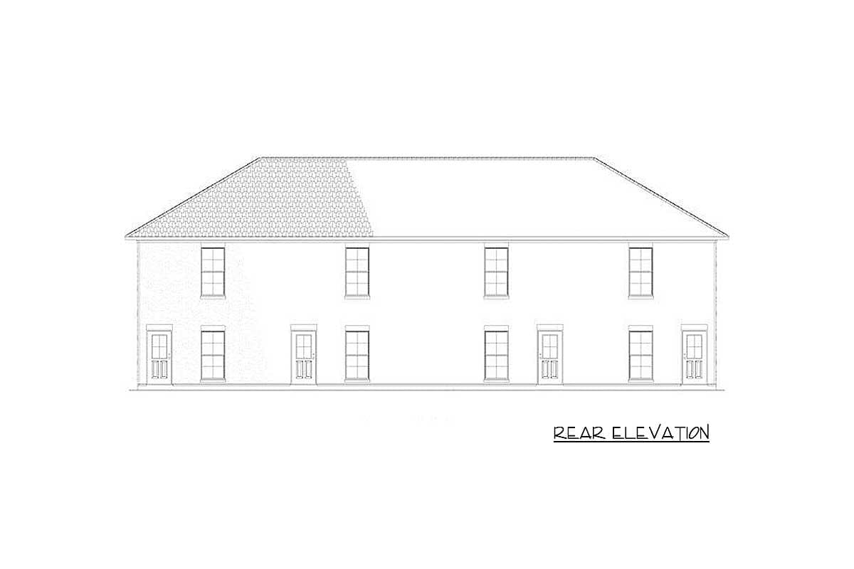 Rear elevation drawing of a two-story house plan with a hipped roof and six windows and six doors.