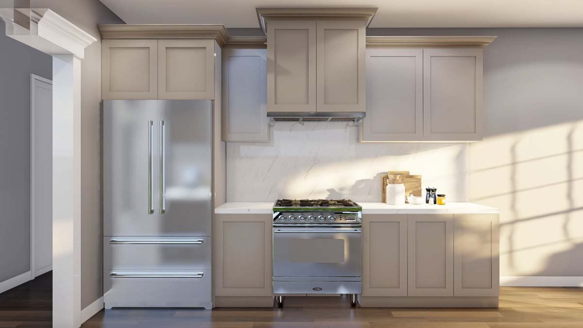 Interior rendering of a kitchen with stainless steel refrigerator, range, and light beige cabinets.