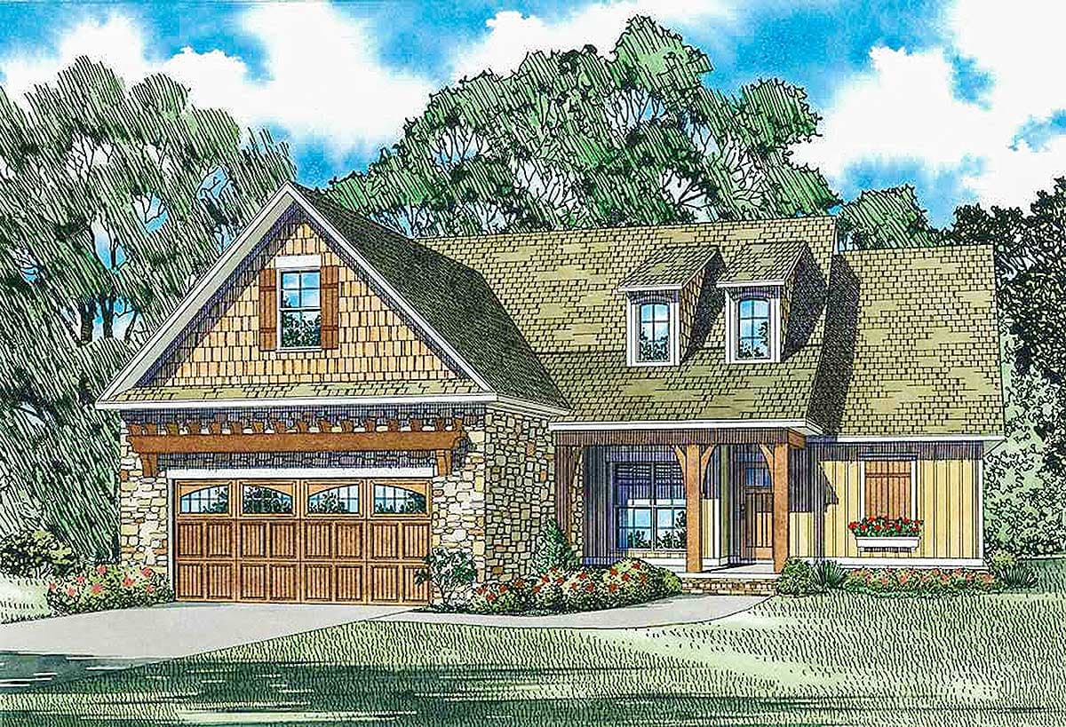 House plan exterior with stone and shake siding, a two-car garage, and covered front porch with dormers.