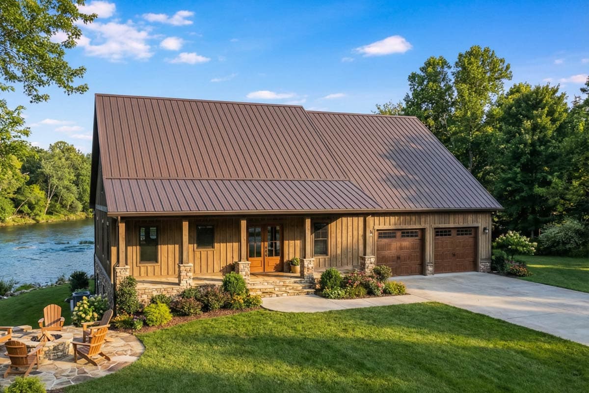 A cabin-style home with a brown metal roof sits beside a river, featuring a porch, garage, and a fire pit area in the foreground.
