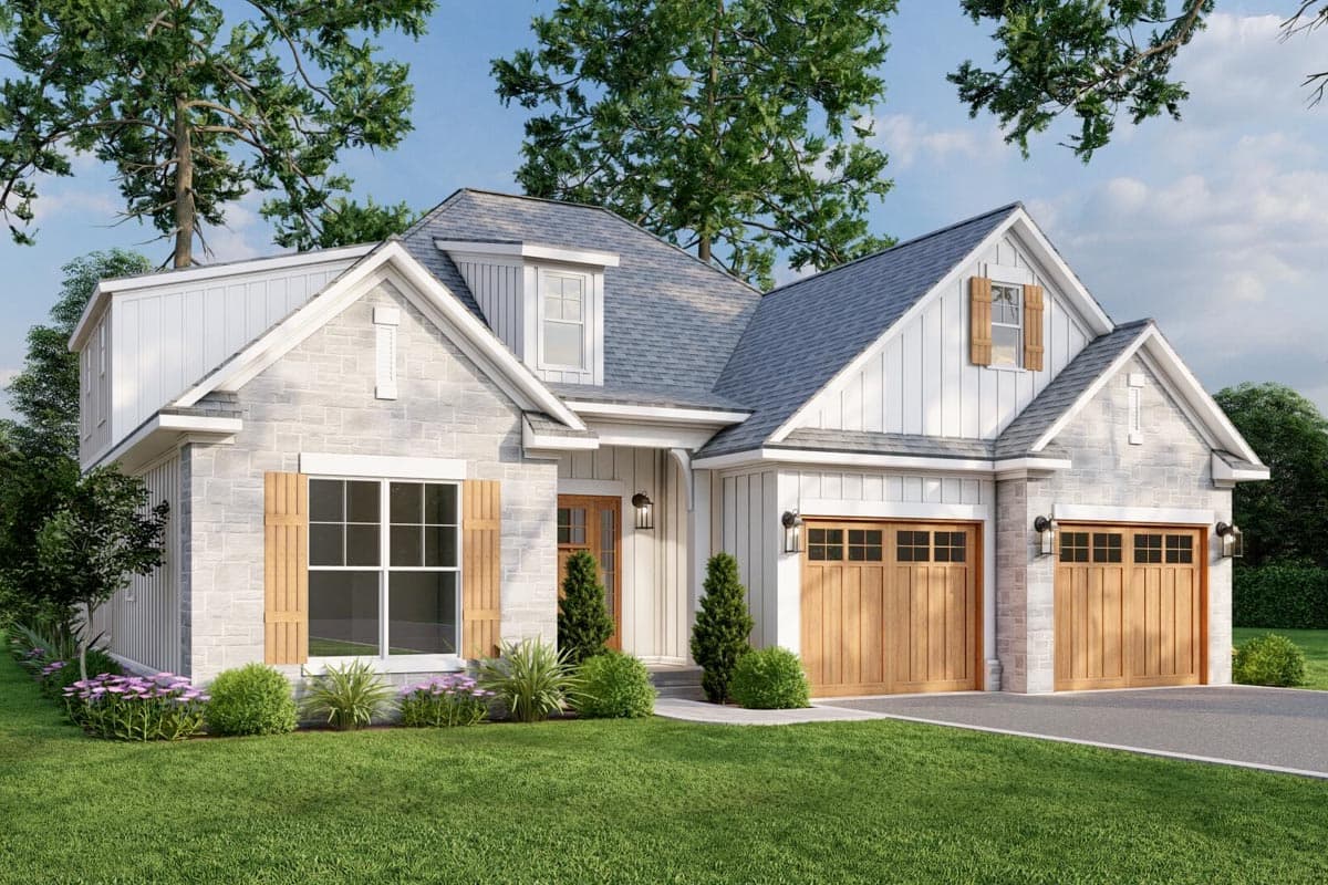 House plan exterior: Modern Farmhouse style, two stories, stone and board and batten siding, gable roofs, dormer, and a three-car garage.