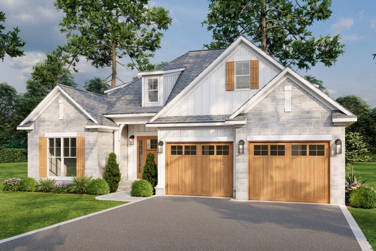 House plan exterior: Modern Farmhouse style, two-story with stone and vertical siding, dormer, and a three-car garage.