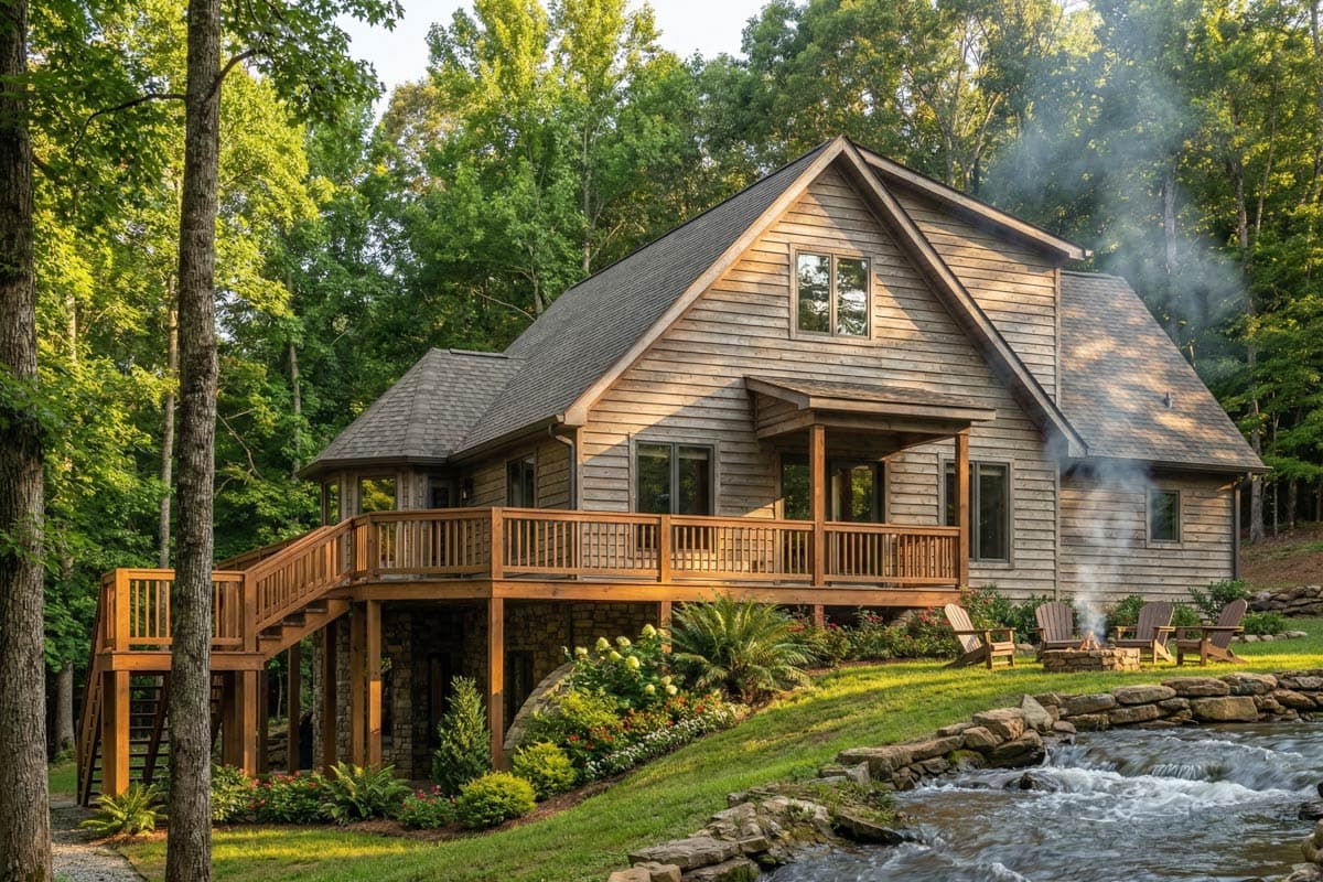 A wood-clad house with a deck sits beside a flowing stream. Smoke rises from a fire pit with Adirondack chairs, trees surround the cabin.