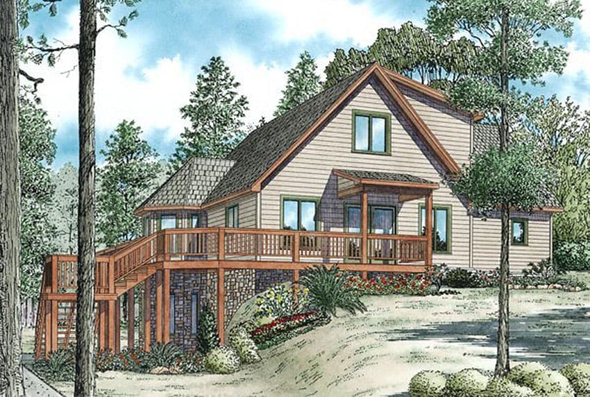 House plan exterior: Two-story home with wood siding, prominent gables, stone foundation, and expansive wraparound deck with stairs.