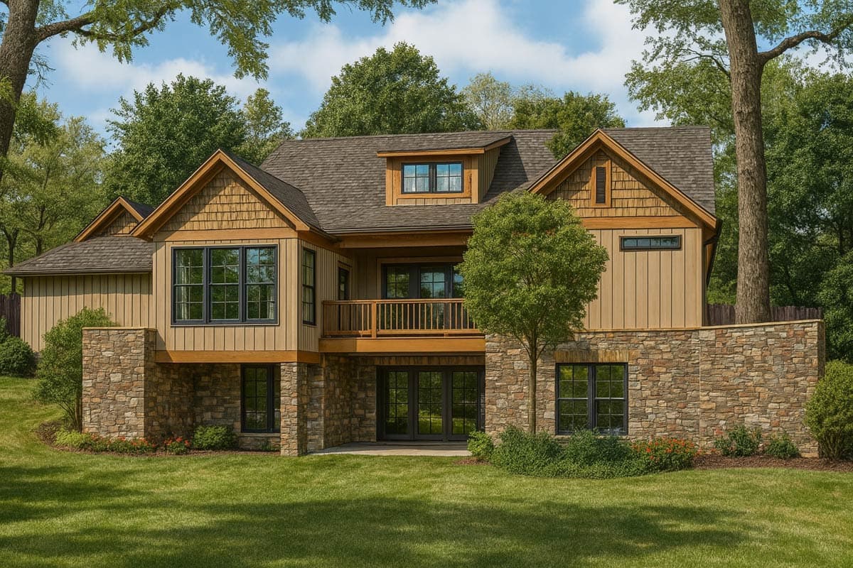 House plan exterior: Two-story home with stone foundation, wood siding, gabled dormer, and upper-level balcony.